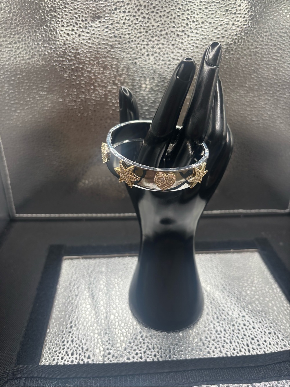 Two-Tone Silver Bangle Bracelet with Gold Star & Heart Accents